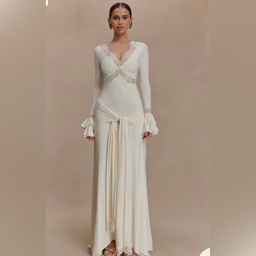 Meshki Ivory Long Sleeve Lace-Trim Maxi Dress